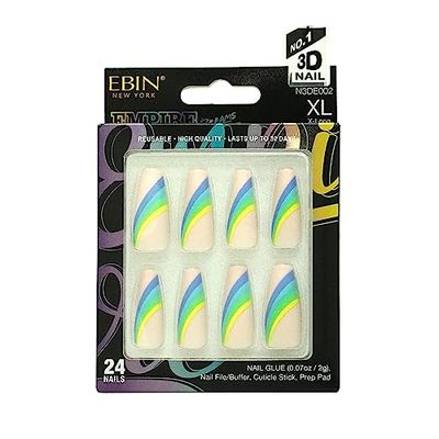 EBIN NEW YORK EMPIRE DREAMS - Good Vibes | Press on Nails Long and Extra Long Coffin Style, Colorful Patterns with Gloss and Matt Texture, Y2K Pop Style False Nales for Daily Wear, Festival
