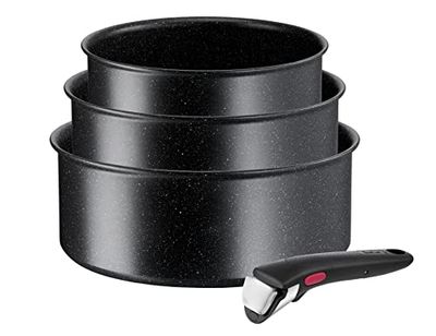 Tefal L39996 Ingenio Black Stone 4-delige casserollenset | stapelbaar | anti-aanbaklaag | geschikt voor inductie | gemaakt in Frankrijk | thermosignaal temperatuurmeter | zwart