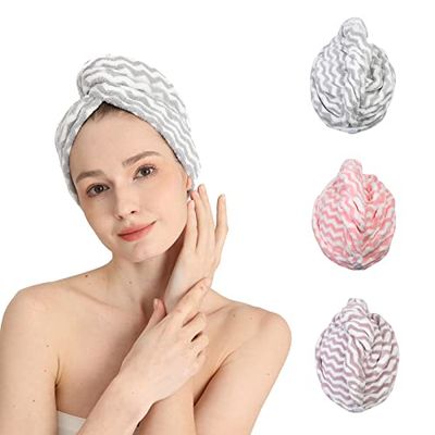 Good Nite 3 Pack Microfibre Hair Drying Towel Wrap Super Absorbent Twist with Buttons Dry Hair Turbans for Women Girl Wet Hair