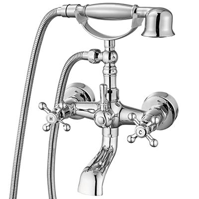 Grifo de bañera cromado pulido con rociador de ducha de mano, montaje en pared, doble mango cruzado, grifo mezclador vintage con forma de teléfono, juego de ducha