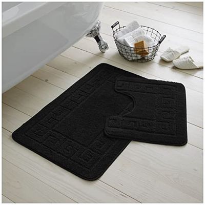 GC GAVENO CAVAILIA Set Ultra Felpato Greco con piedistallo Antiscivolo, Extra Assorbente, 100% Polipropilene, Tappetino da Bagno (50 x 80, 50 x 40 cm), Nero, Regular