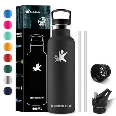 KollyKolla Termosflaska 500 ml, vattenflaska i rostfritt stål 1 l med sugrör, BPA-fri isoleringsflaska, termoskanna kolsyra, lämplig för läckagesäker vattenflaska för skola, sport, fitness,