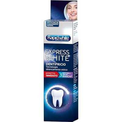 Rapid White - Dentifricio Sbiancante Denti Express White, per Uno Sbiancamento Fino a 3 Toni, Rinforza lo Smalto Dentale e Protegge da Carie, Gusto Menta, Clinicamente Testato, 75ml