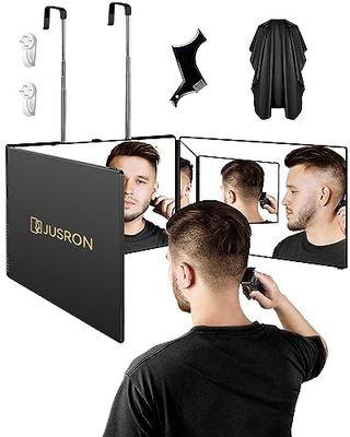 JUSRON Specchio a 3 vie per tagliare i capelli, specchio a 360 gradi con ganci regolabili in altezza per porta, bagno, specchio da barbiere portatile per trucco, taglio, taglio, rasatura, regalo (nero