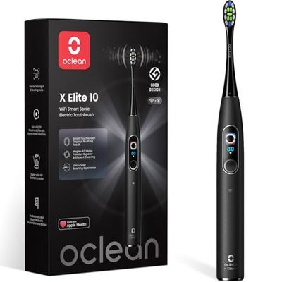 Spazzolino elettrico Oclean X Elite 10, Spazzolatura personalizzata AI, Touchscreen con tracciamento a 12 aree, 40° Oscillazione, 5 Modalità, Timer, 40 Giorni, Previsioni meteo, IPX7, Nero