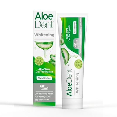 Aloe Dent Dentifricio sbiancante all'aloe vera senza fluoro, azione naturale, vegano, cruelty free, senza SLS, naturalmente bianco, gengive sane, 100 ml, la confezione può variare