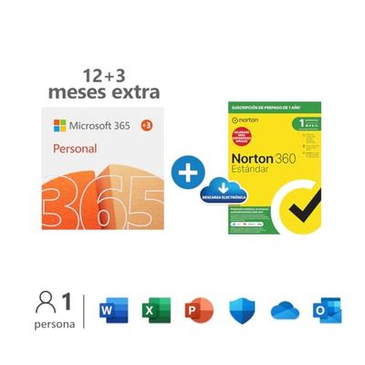 Microsoft 365 Personal | Apps Office 365 | PC/MAC/tableta/teléfono | 12+3 Meses + NORTON 360 Standard | 15 Meses | PC/Mac - Código de activación enviado por email