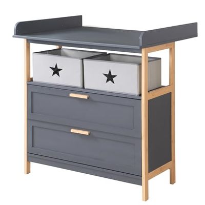 roba Cambiador Cómoda de Madera Berlin con 2 Cajones - Tapa Cambiador Extraíble - Compartimento Abierto con 2 Cajas Incluidas - Antracita/Bambú