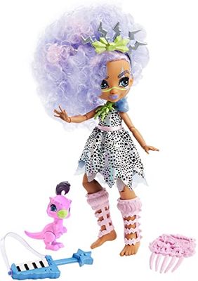 Null Cave Club poupée préhistorique articulée Bashley aux cheveux mauves avec figurine bébé dinosaure et accessoires, jouet pour enfant, GTH04