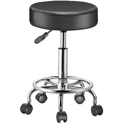 BAKAJI Tabouret avec Roues Rondes, Assise en Simili Cuir et Base en Acier pivotant à 360°, Hauteur réglable, Rembourrage d'une épaisseur de 10 cm, idéal pour Bar, Maison, esthéticienne, Cabinet