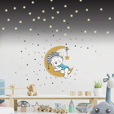 Muurstickers voor kinderen, decoratie voor babykamer, muursticker voor kinderen, motief: schattige beer op de maan en 100 sterren (120 x 120 cm) + 100 heldere sterren