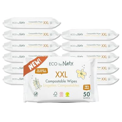 Naty XXL kompostowalne chusteczki nawilżane dla niemowląt, nieperfumowane, w 100% na bazie roślin, bez plastiku, hipoalergiczne dla skóry wrażliwej, testowane dermatologicznie (XXL, 600 chusteczek –
