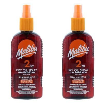 Malibu Sun SPF 2 Non-Greasy Dry Oil Spray for Tanning with Shea Butter Extract, Low Protection, Water Resistant, 200ml (Pack of 2)