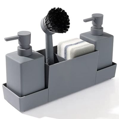 Tvåldispenser kök, med svamphållare, set för diskho, handtvål och diskmedelsdispenser med borste (grå)