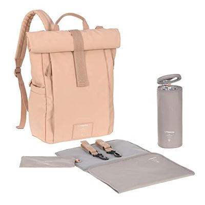 LÄSSIG Baby skötryggsäck skötväska ryggsäck med skötunderlägg, barnvagnsfäste, flaskhållare hållbart producerad/GRE rolltop Up ryggsäck peach rose