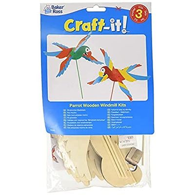 Baker Ross FE128 Kits de moulin à vent en bois perroquets - Paquet de 3, pour les projets d'arts et d'artisanat pour enfants, artisanat en bois pour les enfants à décorer, personnaliser et afficher
