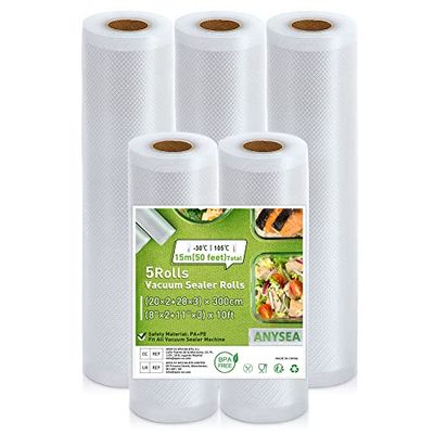 Anysea Sacchetti per Sottovuoto Alimenti：Rotolo Sottovuoto Alimenti per Macchine Sottovuoto, 5 Rotolo 20x2/28x3/300cm, Sacchetti Sottovuoto per Alimenti Goffrati, Buste Sottovuoto Alimenti senza BPA