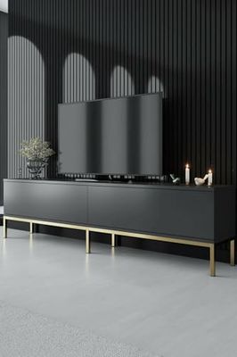 Dmora - Meuble TV Regulus, Buffet de Salon, Armoire Basse pour TV, Base Murale de Rangement, 180x30h47 cm, Anthracite et Or
