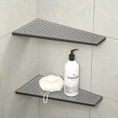 Bernkot Estante esquinero de Ducha, Estante Flotante Trapezoidal de 12 Pulgadas, Estante Flotante de Acero Inoxidable 304, Estante de baño Empotrado para Pared de Azulejos, sin taladrar (plomizo, 12