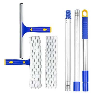 ITTAR Limpiacristales, escobilla giratoria y Estropajo de Microfibra con Poste Extensible de Acero Inoxidable de 3 Secciones, Herramienta de Limpieza de Ventanas con 2 Almohadillas de Microfibra para