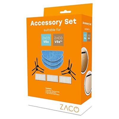 ZACO 501922, Jeu d'accessoires Original adapté aux Robots aspirateurs V5sPro et V5x avec Fonction d'essuyage, Comprenant des Chiffons d'essuyage, des brosses latérales et Un Filtre, Set : V5spro, V5x