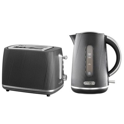Daewoo Cascade Kettle & Toaster Set – 1.7L Rapid Boil Electric Kettle & 2 Slice Toaster Bundle – Black Ribbed Finish, Adjustable Browning, Reheat & Defrost, Removable Crumb Tray, Limescale Filter