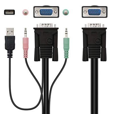 KVM Switch VGA USB 1U-2PC con cables, permite controlar dos PC desde un solo teclado y monitor, ideal para optimizar espacio y recursos.