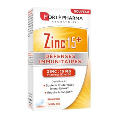 Forté Pharma – Zinc 15+ | Zinc bisglycinate 15 mg + Vitamines B2 & B6 - Anti fatigue - Complément Alimentaire Défenses Immunitaires Dosage maximal | 60 comprimés, 1/jour, 2 mois