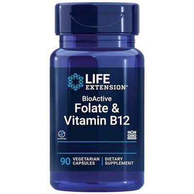 Life Extension, Bioactive Folate & Vitamine B12, Hautement Dosé, 90 Capsules végétaliennes, Végétarien, Sans Gluten, Sans Soja, Sans OGM