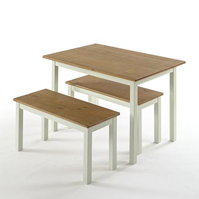 Zinus Becky Tavolo da pranzo con 2 panche - Tavolo 114x74x71 cm - Set di tavoli da pranzo in legno con panche - Set da cucina in stile rustico 3 pezzi - Bianco e marrone