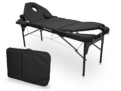 WELLCORE Aluminium Vouwbrancard, met Dubbele Inklapbare Rugleuning, 185 x 65 cm, Kunstleer, In Hoogte Verstelbaar, Scharnierende Hoofdsteun, Gezichtsgat, Kleur Zwart, Draagtas, Tot 225 kg