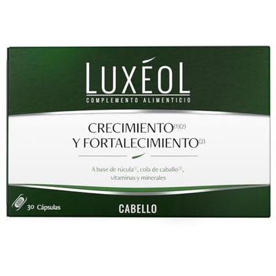 LUXÉOL - Complemento Alimenticio - Crecimiento(1)(2) Y Fortalecimiento(2) Del Cabello - A Base De Rúcula, Cola De Caballo, Vitaminas Y Minerales - Mujer/Hombre - Programa de 1 mês - 30 Cápsulas