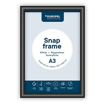 EUROPEL Cadre clipsable mural A3, Profil 25 mm, Noir, Aluminium anodisé et feuille anti-reflets, dos en polystyrène, Pour affichages de posters et publicités, annonces, menu