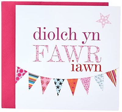 Claire Giles Greeting Cards, Welsh Thank You Card, Pink Bunting Design Thank You Greeting Card