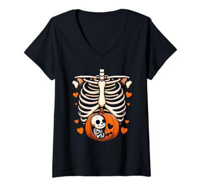 Donna Scheletro di Halloween Gravidanza Cute Baby Skeleton Maglietta con Collo a V