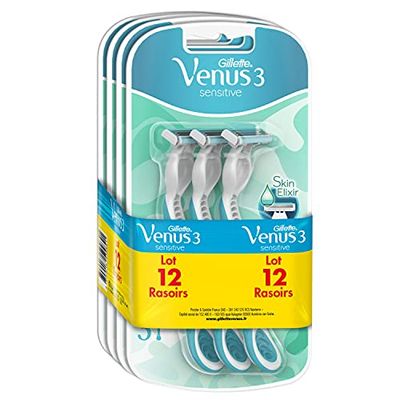 Gillette Simply Venus 3 Sensitive Rasoirs Jetables Femme Bande Lubrifiante Skin Elixir, Lot de 12 (3 x 4) Peaux Sensibles, Avec 3 Lames Qui Epousent Les Courbes [OFFICIEL]