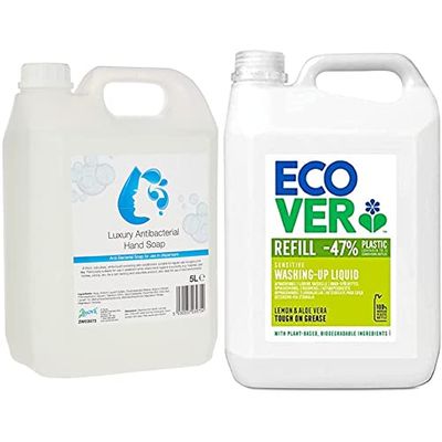 2WORK 2W03975 5 L Anti-Bacterial Hand Wash,Multicolor, Pack of 1 & Ecover Washing Up Liquid Refill, Lemon & Aloe Vera, 5 L