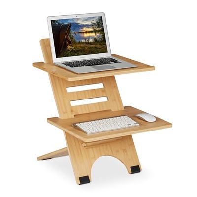 Relaxdays Support pour Bureau, réglable en Hauteur, 2 Surfaces, Bambou, Organisateur, Travailler Debout, Nature