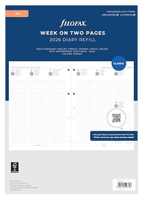 Filofax Agenda 26-68714, formato A4, settimana su due pagine, 5 lingue, 2026