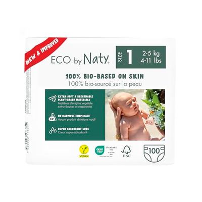 Eco by Naty Eco-Friendly Baby Nappies Newborn - 100% Plant-Based Materials on Skin, Extra Soft, for Sensitive Skin & Super Absorbent (Size 1, 100 Count)