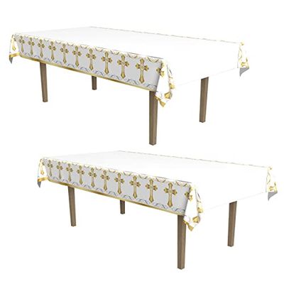 Beistle Lot de 2 nappes religieuses rectangulaires en Plastique pour baptême, première Communion, décoration de fête, Nappe en Forme de Croix, 137,2 x 274,3 cm, Blanc/doré
