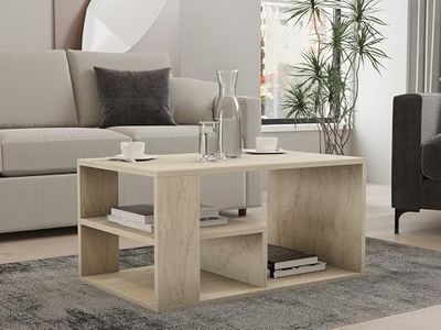 Hanah Home Elegancki stolik kawowy z opcją montażu na ścianie, kolor trawertyny, 80 x 50 x 40 cm, 100% powlekany melaminą, grubość 18 mm, stylowe przechowywanie i półki do nowoczesnego życia