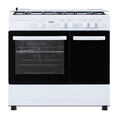 Svan Cocina Gas Butano 5 Zonas de Cocción, Horno 55 L, Blanco SKGW5901PB. Control Manual, Quemador WOK triple llama, 2 Programas, Compartimento Bombona, Cristal en Puerta de Doble Capa, Tapa Abatible