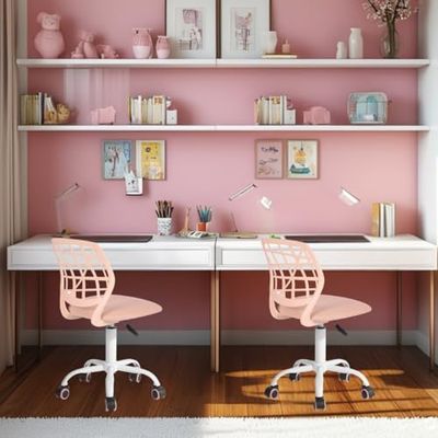 FurnitureR Bureau-kantoorstoel, stoffen zitting, ergonomische studeerstoel zonder armleuning, in hoogte verstelbare draaistoel, set van 2, lichtroze, 40 x 38,5 x 87 cm