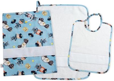 Filet Set pour crèche à Broder Motif Police, composé d'un Sac, d'une Serviette et d'un Bavoir en éponge Blanche, Coton, Bleu Ciel, T.U