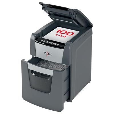 Rexel 2020100X - Destructora de Papel Automática Rexel Optimum AutoFeed 100X de Corte en Partículas P4 para Oficina, Destruye Hasta 100 Hojas a la Vez, Papelera Extraíble de 34 Litros, Silenciosa