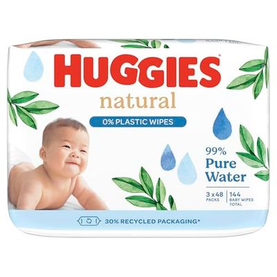Huggies Natte doekjes Natural biologisch afbreekbaar, gevoelige babydoekjes, 3 x 48 babydoekjes, grote verpakking