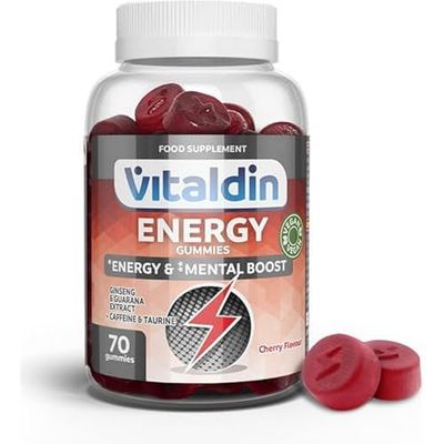 VITALDIN Energy Gummies – 70 Gominolas Energéticas con Ginseng, Guaraná, Cafeína & Taurina – Mejora la Concentración, Favorece el Rendimiento Físico y Mental – Sabor Cereza – Vegano