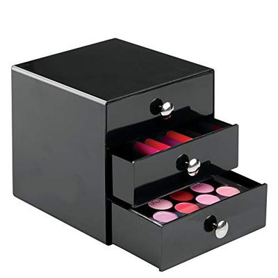 iDesign iDesign Drawers Organisateur Maquillage, Boite de Rangement en Plastique pour Cosmétiques, Maquillage, etc., Boite Tiroir à 3 Tiroirs, Noir