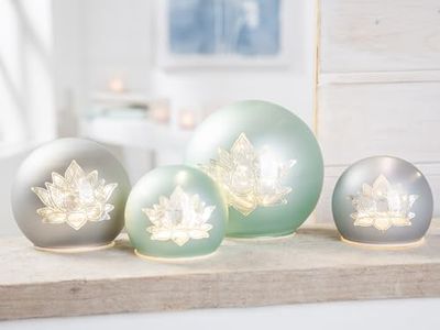Pack of 4 Decorative object (LED), Ball, Lotus motif, Glass, gray, green, PU 4, 2 assorted, D. 12 cm